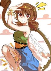 Rule 34 | 1girl, blue dress, blush, brown hair, circlet, detached sleeves, dress, foot out of frame, green dress, hair between eyes, highres, long hair, looking at viewer, low twintails, monkey tail, multicolored clothes, multicolored dress, open mouth, red eyes, ruyi jingu bang, single detached sleeve, sketch, smile, solo, son biten, tail, test tube, touhou, twintails, unfinished dream of all living ghost, user ymcy3584, white sleeves, yellow dress