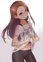 Rule 34 | 1girl, bike shorts, blush, breasts, brown eyes, brown hair, chiaki rakutarou, clothes lift, collarbone, commentary request, cowboy shot, crop top, gradient background, grin, highres, idolmaster, idolmaster (classic), lifted by self, long hair, looking at viewer, midriff, minase iori, navel, see-through, shirt, shirt lift, small breasts, smile, solo, stomach, sweat, swept bangs, tank top, teeth, v-shaped eyebrows, wet, wet clothes, wet shirt, white shirt