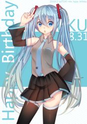 Rule 34 | 10s, 1girl, 2014, artist name, blue eyes, blue hair, character name, dated, detached sleeves, hand on own hip, happy birthday, hatsune miku, itsuki (yishu), long hair, matching hair/eyes, necktie, open mouth, skirt, solo, thighhighs, twintails, very long hair, vocaloid