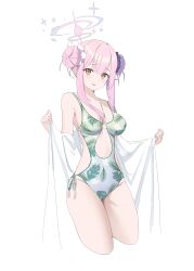 Rule 34 | 1girl, absurdres, alternate costume, bare shoulders, blue archive, cropped legs, halo, highres, looking at viewer, mika (blue archive), nagul, pink hair, simple background, solo, swimsuit, thighs, white background, yellow eyes