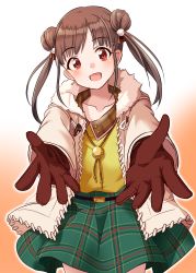 Rule 34 | 1girl, :d, absurdres, bolo tie, brown gloves, brown hair, coat, commentary request, cowboy shot, double bun, fur-trimmed collar, fur trim, gloves, gradient background, green skirt, hair bun, head tilt, highres, idolmaster, idolmaster shiny colors, open clothes, open coat, open hands, open mouth, orange background, outstretched arms, parted bangs, pink coat, plaid, plaid skirt, reaching, reaching towards viewer, shirt, simple background, skirt, smile, solo, sonoda chiyoko, standing, swepot, twintails, white background, yellow shirt