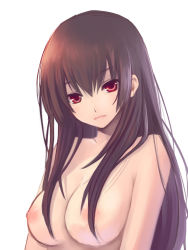 Rule 34 | 1girl, bad id, bad pixiv id, breasts, brown hair, lips, long hair, nana mikoto, nipples, nude, original, red eyes, simple background, solo, upper body