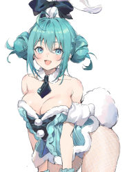 Rule 34 | 1girl, alternate breast size, bicute bunnies miku, blue eyes, blue hair, breasts, cleavage, detached collar, double bun, douya (233), fishnets, hair bun, hatsune miku, leotard, necktie, pantyhose, playboy bunny, rabbit tail, short necktie, smile, solo, tail, vocaloid