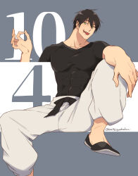 Rule 34 | 1boy, 2496oyakodon, baggy pants, bara, black hair, covered abs, fushiguro touji, head tilt, jujutsu kaisen, knee up, large pectorals, looking at viewer, male focus, mature male, money gesture, muscular, muscular male, pants, pectorals, scar, scar on face, scar on mouth, shirt, short hair, smile, solo, spread legs, tight clothes, tight shirt, tongue, tongue out