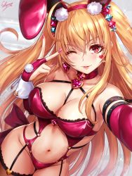 Rule 34 | 1girl, ahoge, animal ear fluff, animal ears, arm up, back bow, bare shoulders, between breasts, blush, bow, breasts, bridal gauntlets, brown thighhighs, center opening, cleavage, eyelashes, facial mark, fake animal ears, fingernails, garter straps, groin, hairband, heart, highres, large breasts, lens flare, leotard, long fingernails, long hair, mole, mole on breast, nail polish, navel, original, outstretched arm, parted lips, pink hairband, pink leotard, pink lips, pink nails, pom pom (clothes), rabbit ears, red eyes, revealing clothes, sakiyamama, selfie, signature, smile, solo, sparkle, star (symbol), star in eye, stomach, symbol in eye, thighhighs, two side up, v, v-shaped eyebrows, very long hair, wrist cuffs
