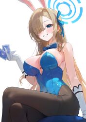 Rule 34 | 1girl, 72 chiri, absurdres, animal ears, arm support, asuna (blue archive), asuna (bunny) (blue archive), bare shoulders, blonde hair, blue archive, blue eyes, blue leotard, bow, bowtie, breasts, brown pantyhose, card, cleavage, covered navel, crossed legs, detached collar, fake animal ears, gloves, grin, hair over one eye, hair ribbon, hairband, halo, hand up, highleg, highleg leotard, highres, holding, holding card, large breasts, leotard, long hair, looking at viewer, official alternate costume, pantyhose, parted bangs, playboy bunny, playing card, rabbit ears, ribbon, sidelocks, simple background, sitting, smile, solo, strapless, strapless leotard, thighband pantyhose, thighs, very long hair, white background, white gloves, white hairband