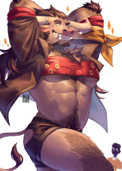 Rule 34 | 2boys, abs, animal ears, ass cutout, bara, black shorts, bra, brown fur, brown shirt, chest hair, clothing cutout, convenient leg, cow ears, cow horns, cow tail, cowboy shot, dilukha (nyaalgebra), facial hair, fang, furry, furry male, goatee, hairy, highres, horns, large pectorals, looking at viewer, male focus, midriff, minotaur, multiple boys, muscular, muscular male, navel, navel hair, open clothes, open shirt, original, pectorals, red bra, shirt, short hair, shorts, sideburns, smile, solo focus, stomach, tail, thick thighs, thighs, underwear