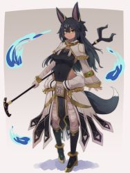 Rule 34 | 1girl, animal ears, bandaged arm, bandaged leg, bandages, black hair, blue fire, breasts, closed mouth, covered navel, expressionless, eye of horus, fire, full body, hair between eyes, highres, holding, long hair, original, solo, standing, tail, wolf ears, wolf tail, yonaga san