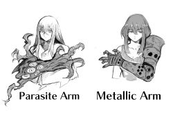 Rule 34 | 2girls, bare shoulders, capelet, claws, collarbone, creature, cropped torso, extra eyes, greyscale, hair between eyes, highres, long hair, looking at viewer, mechanical arms, monochrome, multiple girls, original, shirt, single mechanical arm, yourfreakyneighbourh