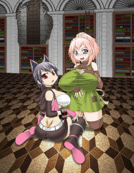 Rule 34 | 10s, 2girls, animal ears, aqua eyes, arm warmers, artist request, ass, bare shoulders, black hair, blush, boots, braid, breasts, cat ears, come hither, daiba canon, dress, elbow gloves, fingerless gloves, from behind, gloves, god eater, god eater 2: rage burst, hair ornament, hairclip, highres, huge breasts, kneeling, kouzuki nana, long hair, looking at viewer, looking back, midriff, multiple girls, naughty face, open mouth, pink hair, ponytail, red eyes, short hair, short shorts, shorts, sideboob, single braid, sitting, sleeveless, sleeveless dress, smile, strapless, thighhighs, tube top, turtleneck, underboob, vest, wariza