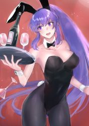 Rule 34 | animal ears, black leotard, bow, bowtie, breasts, cleavage, collarbone, commentary request, cowboy shot, detached collar, fake animal ears, fake tail, holding, holding tray, konno shimako, leotard, medium breasts, open mouth, original, pantyhose, playboy bunny, ponytail, purple eyes, purple hair, rabbit ears, rabbit tail, strapless, strapless leotard, tail, teeth, tray, upper teeth only, wrist cuffs