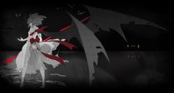Rule 34 | 1girl, back cutout, bare legs, barefoot, bat (animal), bat wings, blood, closed mouth, clothing cutout, commentary, dress, from behind, full body, greyscale, highres, holding, holding polearm, holding spear, holding weapon, large wings, legs apart, leidami, long dress, looking at viewer, looking back, monochrome, no headwear, outstretched hand, panties, pantyshot, pointy ears, polearm, profile, puffy sleeves, red eyes, red ribbon, reflection, remilia scarlet, ribbon, ripples, serious, short hair, sideways glance, solo, spear, spear the gungnir, spot color, standing, torn wings, touhou, underwear, vignetting, weapon, wind, wind lift, wings
