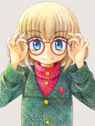Rule 34 | 10s, 1girl, adjusting eyewear, bespectacled, blonde hair, blue eyes, closed mouth, commentary request, coupy pencil (medium), emblem, girls und panzer, glasses, gofu, green jacket, grey background, jacket, katyusha (girls und panzer), long sleeves, looking at viewer, partial commentary, pravda school uniform, red-framed eyewear, red shirt, school uniform, shirt, short hair, smile, solo, standing, turtleneck, upper body