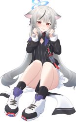 Rule 34 | 1girl, animal ears, black dress, black hair, blue archive, clothes between thighs, clothing cutout, dress, grey hair, halo, highres, kokona (blue archive), legs, long hair, long sleeves, looking at viewer, multicolored hair, nishino eri, red eyes, shoes, simple background, sitting, solo, streaked hair, striped clothes, striped dress, vertical-striped clothes, vertical-striped dress, very long hair, white background, white footwear