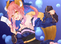 Rule 34 | 10s, 1girl, animal ears, asari (23feline23), bare shoulders, bow, breasts, detached sleeves, fate/extra, fate (series), fox ears, fox tail, hair bow, hair ribbon, japanese clothes, ofuda, pink hair, ribbon, solo, tail, tamamo no mae (fate/extra), twintails, yellow eyes