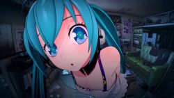 Rule 34 | 1girl, 3d, :o, aqua hair, bare shoulders, bed, blue eyes, blue hair, couch, dress, fisheye, hatsune miku, headphones, highres, indoors, looking at viewer, matching hair/eyes, open mouth, pants, poster (object), redial (vocaloid), screencap, shirt, shoes, solo, twintails, vocaloid, wallpaper, white dress