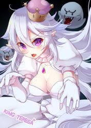 Rule 34 | 1girl, ahoge, blush, boo (mario), breasts, character name, cleavage, crown, dress, glint, gloves, hair between eyes, highres, jewelry, long hair, luigi&#039;s mansion, mario (series), medium breasts, necklace, new super mario bros. u deluxe, nintendo, open mouth, pointy ears, princess king boo, puffy short sleeves, puffy sleeves, purple eyes, sakura (superbunnys), sharp teeth, short sleeves, solo, sparkle, super crown, teeth, tongue, tongue out, v-shaped eyebrows, white dress, white gloves, white hair