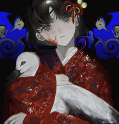 Rule 34 | 1girl, abstract background, absurdres, bad id, bad pixiv id, bird, black hair, expressionless, grey eyes, highres, huge filesize, japanese clothes, kimono, long sleeves, mrt mr, original, red kimono, short hair, solo, twitter username, upper body, wide sleeves