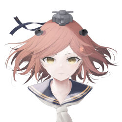 Rule 34 | 1girl, black sailor collar, brown eyes, brown hair, grey neckerchief, hair ribbon, headgear, highres, kantai collection, looking at viewer, neckerchief, ribbon, sailor collar, short hair, simple background, solo, speaking tube headset, upper body, white background, yuki 4040, yukikaze (kancolle), yukikaze kai ni (kancolle)