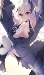 Rule 34 | 1girl, absurdres, armpits, azur lane, bad id, bad pixiv id, bare shoulders, black choker, black nightgown, black panties, breasts, center opening, choker, dress, frown, gangut (azur lane), gangut (keeper of the firewater) (azur lane), gluteal fold, highres, large breasts, long hair, looking at viewer, myao (o3o333), nightgown, official alternate costume, panties, red eyes, see-through, see-through dress, side-tie panties, simple background, solo, thigh gap, underwear, white background, white hair, wide sleeves