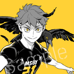 Rule 34 | 1boy, 3 upin, bird, crow, feathered wings, feathers, greyscale, haikyuu!!, hinata shouyou, male focus, monochrome, short hair, simple background, smile, solo, sportswear, upper body, v-shaped eyebrows, volleyball uniform, wings, yellow background, yellow eyes