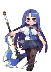 Rule 34 | 00s, 1girl, axe, battle axe, blue hair, breasts, chibi, female focus, kometsubu, large breasts, lilith-soft, long hair, looking at viewer, red eyes, school uniform, shoes, simple background, skirt, solo, sweat, taimanin (series), taimanin asagi, taimanin asagi kessen arena, taimanin asagi zero, very long hair, weapon, white background, yatsu murasaki