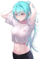 Rule 34 | 1girl, absurdres, alternate hairstyle, aqua eyes, aqua hair, arms behind head, arms up, bare arms, bike shorts, breasts, chroufreestyle014, clothes writing, eyelashes, hatsune miku, highres, long hair, looking away, looking down, midriff, navel, ponytail, shirt, short sleeves, simple background, solo, t-shirt, tying hair, upper body, vocaloid, white background, white shirt