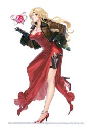 Rule 34 | 1girl, anklet, blonde hair, breasts, cleavage, commentary request, dress, full body, gloves, gun, high heels, jewelry, large breasts, long hair, official art, opera vectra, red dress, shoes, solo, square enix, standing, star ocean, star ocean the second story, suda ayaka, third eye, weapon, yellow eyes