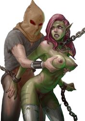 Rule 34 | 1boy, 1girl, adoohay, bottomless, breasts, chain, clenched teeth, collar, colored skin, female pubic hair, green skin, highres, hood, jewelry, large breasts, leaning forward, looking back, metal collar, navel, necklace, nipples, orc, original, pubic hair, rape, red eyes, sex, shiny skin, shirt, teeth, thighhighs, torn clothes, torn shirt, torn thighhighs
