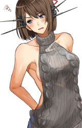 Rule 34 | 1girl, armpits, bad id, bad twitter id, bare shoulders, blue eyes, blush, breasts, brown hair, dutch angle, embarrassed, headgear, highres, inusaka, kantai collection, looking to the side, maya (kancolle), medium breasts, meme attire, naked sweater, open mouth, short hair, sideboob, simple background, sleeveless, sleeveless sweater, solo, sweater, upper body, virgin killer sweater, white background
