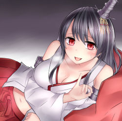 Rule 34 | 10s, 1girl, bare shoulders, black hair, blush, breasts, cleavage, commentary request, detached sleeves, fusou (kancolle), hair ornament, hakama, hakama skirt, headgear, highres, japanese clothes, kantai collection, large breasts, long hair, looking at viewer, lying, midriff, navel, neit ni sei, nontraditional miko, on side, open mouth, outstretched hand, red eyes, red hakama, sidelocks, skirt, smile, solo, sweat, wide sleeves