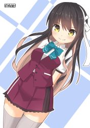 Rule 34 | 1girl, arms behind back, artist name, black hair, black skirt, blouse, blue ribbon, bow, bowtie, breasts, collared shirt, fang, fingerless gloves, gloves, grey thighhighs, hair between eyes, hair down, hairband, halterneck, highres, kantai collection, long hair, looking at viewer, medium breasts, multicolored hair, naganami (kancolle), naganami kai ni (kancolle), neck ribbon, pepatiku, pink hair, pleated skirt, purple skirt, purple vest, ribbon, shirt, short sleeves, skirt, smile, solo, thighhighs, two-tone hair, vest, wavy hair, white hairband, white shirt, yellow eyes