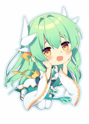 Rule 34 | 1girl, :d, blush stickers, brown eyes, chibi, detached sleeves, dragon horns, fate/grand order, fate (series), full body, green hair, green kimono, hair between eyes, hands up, heart, heart-shaped pupils, horns, japanese clothes, kimono, kiyohime (fate), kusumoto shizuru, long hair, long sleeves, looking at viewer, open mouth, outline, sandals, simple background, smile, solo, symbol-shaped pupils, thighhighs, very long hair, white background, white outline, white sleeves, white thighhighs, zouri
