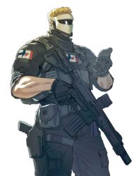 Rule 34 | 1boy, ammunition pouch, artificial eye, bara, black gloves, black pants, blonde hair, buckle, canadian flag print, commission, contrapposto, feet out of frame, flag print, glock, gloves, glowing, glowing eyes, gun, handgun, highres, holding, holding gun, holding weapon, indie virtual youtuber, jacket, leg belt, male focus, mask, masked himbo (silvyspark), maxturbo69, mechanical eye, military, military jacket, military uniform, muscular, muscular male, original, pants, pouch, sheath, sheathed, short hair, skindentation, sleeves rolled up, snap-fit buckle, solo, standing, thick thighs, thighs, uniform, virtual youtuber, weapon, weapon request
