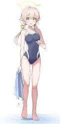 Rule 34 | 1girl, :o, absurdres, barefoot, blue archive, blush, collarbone, covered navel, feet, full body, groin, halo, hifumi (blue archive), hifumi (swimsuit) (blue archive), highres, holding, holding towel, karikura (atatata71), legs, light brown hair, long hair, looking at viewer, one-piece swimsuit, round teeth, school swimsuit, solo, swimsuit, teeth, toenails, toes, towel, twintails, water drop, wing hair ornament