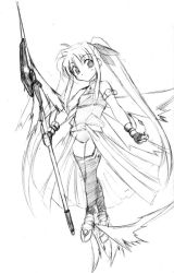 Rule 34 | 00s, 1girl, ankle wings, arm garter, bardiche (nanoha), bardiche (sealing form) (nanoha), boots, fate testarossa, fingerless gloves, gloves, greyscale, kagura tsukune, long hair, looking at viewer, lyrical nanoha, mahou shoujo lyrical nanoha, mahou shoujo lyrical nanoha a&#039;s, monochrome, sketch, solo, staff, thigh boots, thighhighs, twintails, very long hair, wings