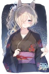 Rule 34 | 1girl, absurdres, aerial fireworks, animal ear fluff, animal ears, asymmetrical bangs, black kimono, blonde hair, blue archive, blush, breasts, collarbone, cup, fireworks, floral print, fox ears, hair over one eye, halo, highres, holding, holding cup, japanese clothes, kanna (blue archive), kimono, large breasts, long bangs, looking at viewer, obi, one eye covered, ponytail, sash, signature, smile, solo, tsuyuri eri, wavy hair, yukata