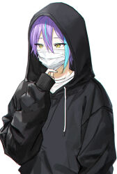 Rule 34 | 1boy, aqua hair, arm at side, asymmetrical bangs, black hoodie, commentary, covered mouth, drawstring, hair between eyes, hk (wgyz7222), hood, hood up, hoodie, kamishiro rui, long sleeves, male focus, mask, mouth mask, multicolored hair, project sekai, purple hair, short hair, simple background, sleeves past wrists, solo, streaked hair, two-tone hair, upper body, white background, yellow eyes