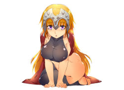 Rule 34 | 1girl, ass, bad id, bad pixiv id, barefoot, blonde hair, bottomless, breasts, cape, covered erect nipples, dimples of venus, fate/apocrypha, fate/grand order, fate (series), grey thighhighs, heihei de hei yan long, helmet, highres, jeanne d&#039;arc (fate), jeanne d&#039;arc (ruler) (fate), large breasts, long hair, purple eyes, sitting, solo, thighhighs