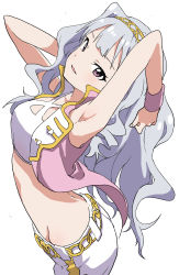 Rule 34 | 10s, 1girl, absurdres, armpits, arms up, ass, breasts, hairband, highres, idolmaster, idolmaster (classic), idolmaster cinderella girls, long hair, looking at viewer, midriff, parted lips, purple eyes, shijou takane, silver hair, simple background, smile, solo, white background, yamamoto souichirou