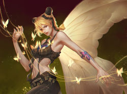 Rule 34 | 1girl, black hair, blonde hair, blurry, braid, bug, butterfly, butterfly wings, dated, double bun, gradient background, hair bun, halterneck, highres, insect, insect wings, jojo no kimyou na bouken, kuujou jolyne, midriff, multicolored hair, solo, string, syusuke0229, tattoo, two-tone hair, wings