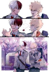 Rule 34 | 2boys, 3koma, ?, artist name, bag, bakugou katsuki, bandaid, bandaid on face, bandaid on neck, bandaid on nose, blazer, blonde hair, blue bag, blue eyes, blurry, blurry background, boku no hero academia, burn scar, buttons, cactusnabe, cellphone, cherry blossoms, closed eyes, collared shirt, comic, commentary request, falling petals, flower, grey jacket, hand up, heterochromia, highres, holding, holding phone, jacket, lapels, long sleeves, looking at another, looking to the side, male focus, multicolored hair, multiple boys, necktie, open mouth, parted lips, petals, phone, purple eyes, red eyes, red flower, red hair, red necktie, red rose, rose, scar, scar on face, school bag, school uniform, shirt, short hair, shoulder bag, simple background, smartphone, sparkle, spiked hair, split-color hair, teeth, todoroki shouto, tree, twitter username, two-tone hair, u.a. school uniform, upper body, v-shaped eyebrows, white background, white hair, white shirt, wing collar