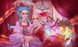 Rule 34 | 2girls, adapted costume, alternate hairstyle, blonde hair, blue hair, bouquet, chandelier, curtains, dress, drill hair, feathers, female focus, flandre scarlet, flower, frilled sleeves, frills, gem, gown, hair up, hand on another&#039;s cheek, hand on another&#039;s face, highres, multiple girls, aged up, pearl (gemstone), petals, red eyes, remilia scarlet, rose, rose petals, sheryth, siblings, sisters, smile, touhou, wings, wrist cuffs