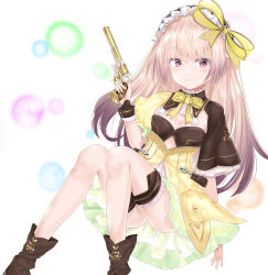 Rule 34 | 1girl, absurdres, atelier (series), atelier lydie &amp; suelle, black hairband, boots, bow, breasts, brown footwear, commentary request, dress, frilled hairband, frills, gun, hair between eyes, hair bow, hairband, hand up, handgun, highres, holding, holding gun, holding weapon, light brown hair, long hair, red eyes, revolver, ru zhai, short sleeves, sitting, small breasts, solo, striped clothes, striped hairband, suelle marlen, very long hair, weapon, white background, wide sleeves, yellow bow, yellow dress