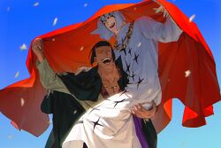 Rule 34 | 2boys, blue sky, cape, carrying, chaka (one piece), closed eyes, commentary request, dress, facial mark, head scarf, headband, highres, jewelry, looking at viewer, male focus, multiple boys, necklace, one piece, pell, red veil, short hair, sky, smile, white dress, yonekura naoyasu