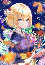 Rule 34 | 1girl, blonde hair, blue background, blue eyes, blue flower, blue kimono, breasts, bubble, closed mouth, damselfish, fish, flower, goldfish, hair between eyes, hakama, hakama skirt, hololive, hololive english, japanese clothes, kimono, looking at viewer, medium breasts, outstretched hand, pink flower, short hair, skirt, smile, solo, sowon, tropical fish, upper body, virtual youtuber, watson amelia, watson amelia (new year), wide sleeves, yellow hakama, yellow skirt