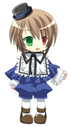 Rule 34 | 1girl, black hat, black ribbon, blue capelet, blue shorts, blush, brown footwear, brown hair, capelet, chibi, collared shirt, commentary request, frilled shirt, frilled shirt collar, frilled sleeves, frills, full body, green eyes, hat, heterochromia, lolita fashion, long sleeves, looking afar, looking to the side, medium bangs, morinaga hinase, neck ribbon, open mouth, pantyhose, red eyes, ribbon, rozen maiden, shirt, shoes, short hair, shorts, simple background, smile, solo, souseiseki, standing, top hat, white background, white pantyhose, white shirt