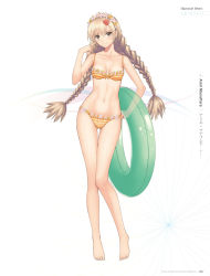 Rule 34 | 10s, 1girl, bikini, blonde hair, braid, brown eyes, full body, hair ornament, highres, innertube, long hair, long legs, looking at viewer, manaflare amil, non-web source, shining (series), shining hearts, simple background, smile, solo, standing, swim ring, swimsuit, thigh gap, tony taka, twin braids, twintails, very long hair, white background