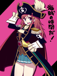 Rule 34 | 1girl, :d, belt, blue eyes, cape, chan co, cowboy shot, ascot, epaulettes, hair ornament, hairclip, hand on headwear, hand on own hip, hat, highres, hip focus, katou marika, long hair, miniskirt pirates, open mouth, pirate, pirate hat, pleated skirt, rapier, red hair, skirt, smile, solo, sword, weapon