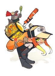 Rule 34 | 1girl, baseball cap, black footwear, boots, commentary request, eyelashes, full body, gloves, golden egg, hat, highres, holding, holding spoon, inari1369, leaning forward, lifebuoy, long hair, nintendo, octoling, octoling girl, octoling player character, open mouth, orange hair, print headwear, rubber boots, rubber gloves, salmon run (splatoon), simple background, smallfry (splatoon), smile, splatoon (series), splatoon 3, spoon, standing, swim ring, tentacle hair, white background